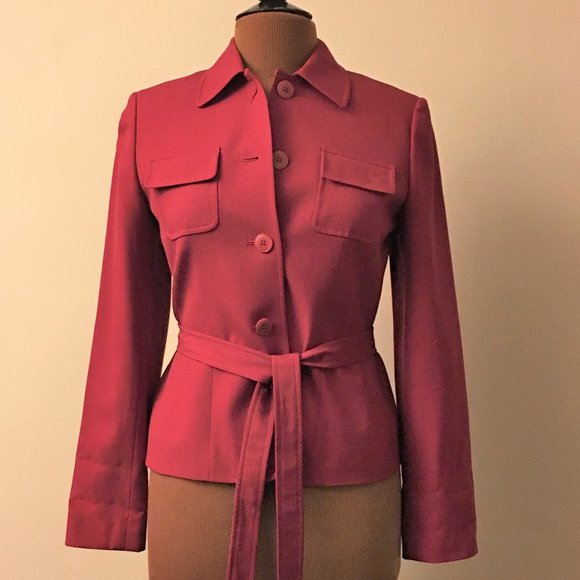 ANN TAYLOR LOFT Red 100% Wool Belted Blazer Jacket - Picture 2 of 10